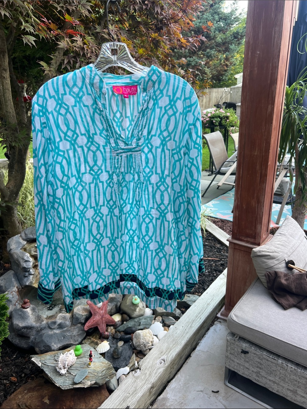 Haute Hippie Turquoise and White Geometric Tunic Top